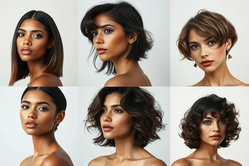 15 Ideias de Cortes De Cabelo Feminino Médio Curto Colagem de mulheres brasileiras com diferentes cortes de cabelo médio curto.