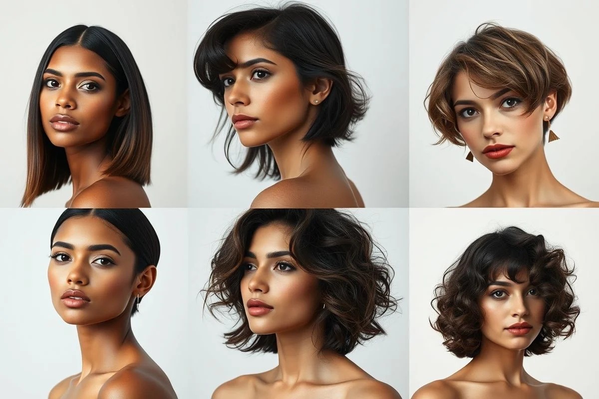 Colagem de mulheres brasileiras com diferentes cortes de cabelo médio curto.