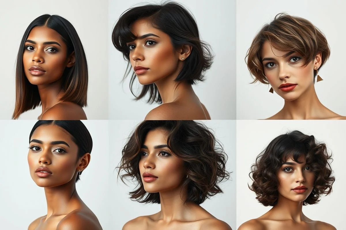 Colagem de mulheres brasileiras com diferentes cortes de cabelo médio curto.