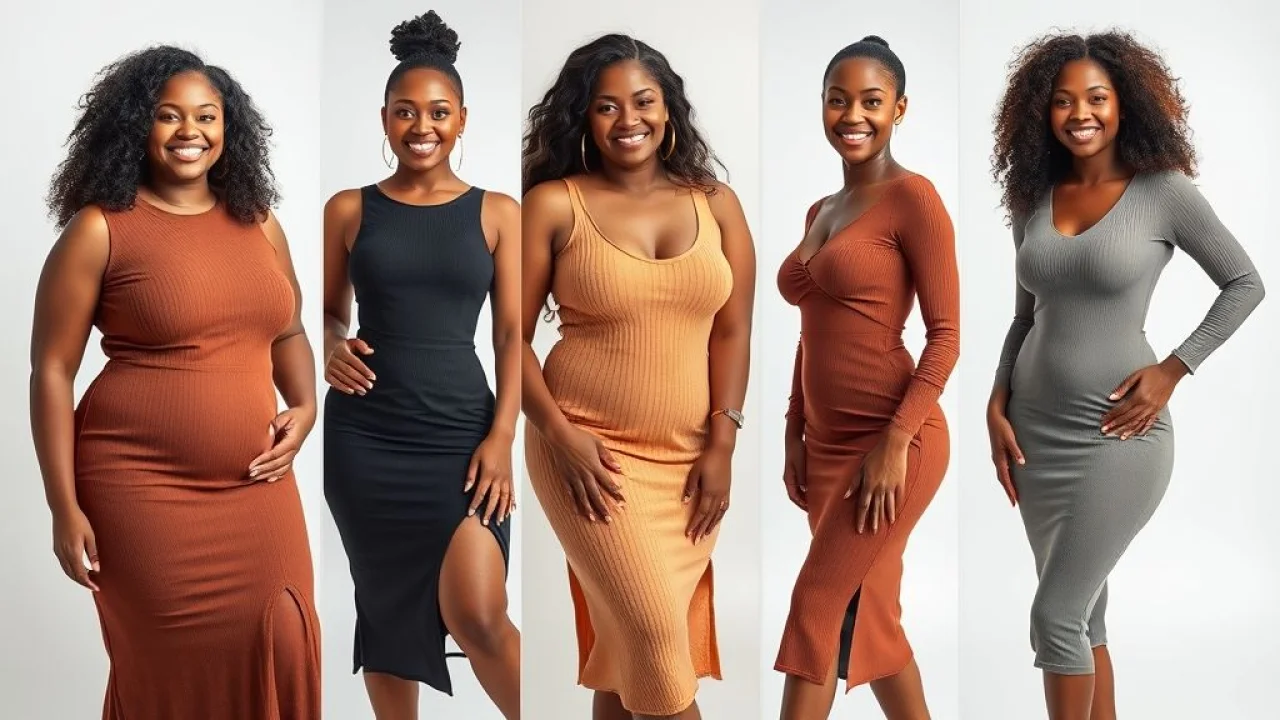 Mulheres brasileiras diversas vestindo vestidos de malha que valorizam seus corpos.