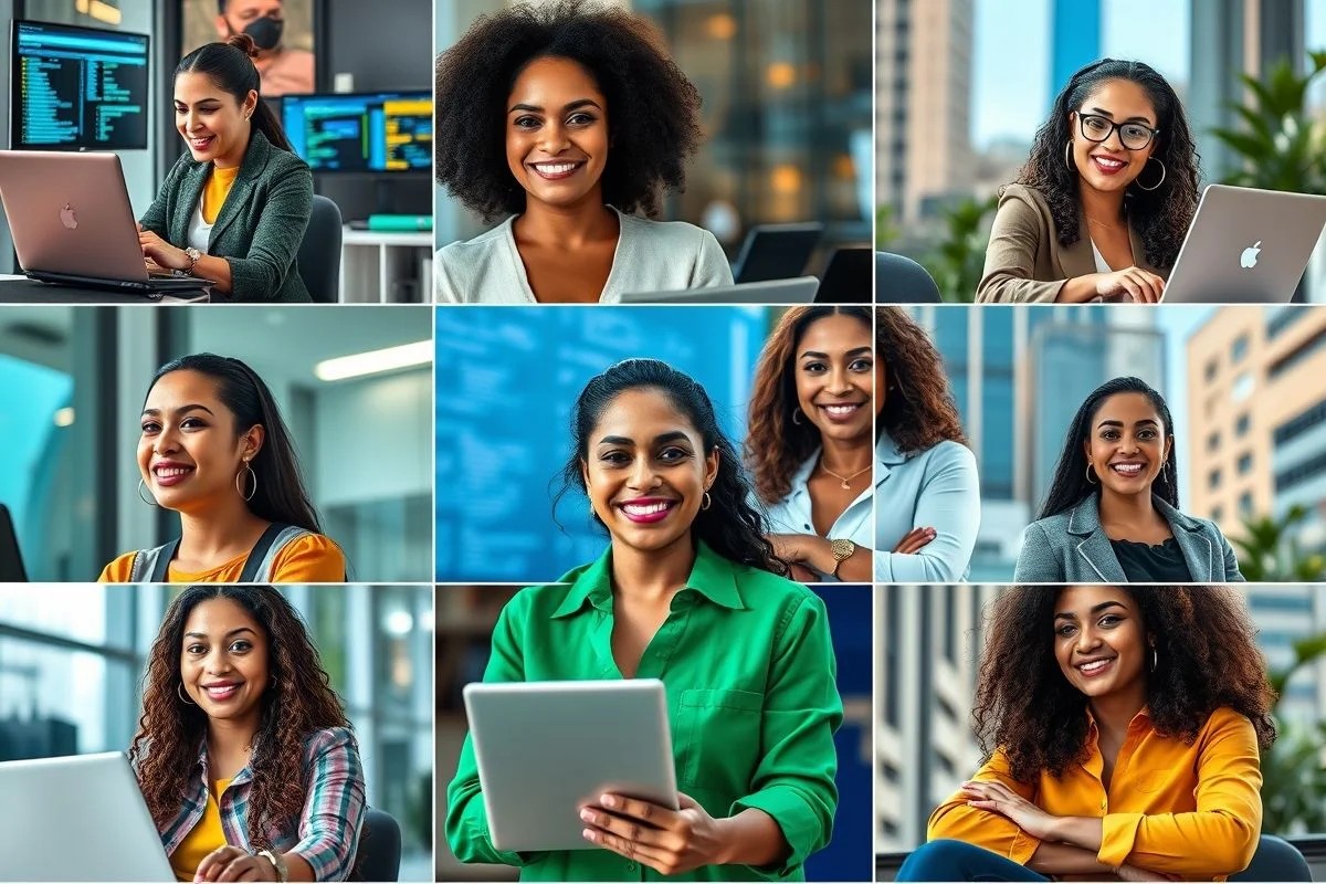 Montagem de mulheres brasileiras bem-sucedidas em diversas profissões.