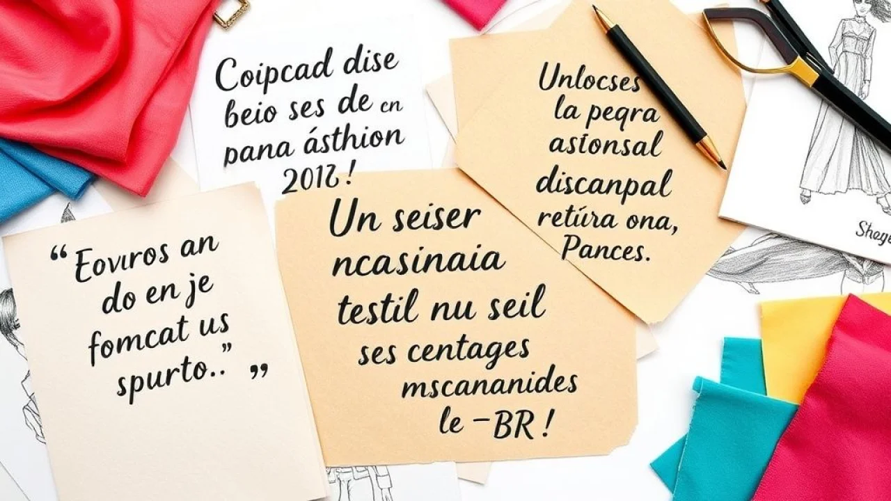 Colagem com frases de moda inspiradoras em português, esboços e amostras de tecido.