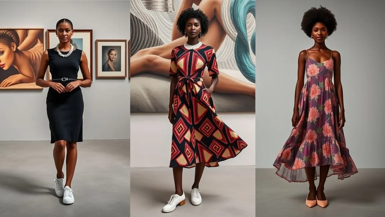 Colagem de estilos para exposição de arte: clássico, moderno e romântico, com modelos brasileiras.