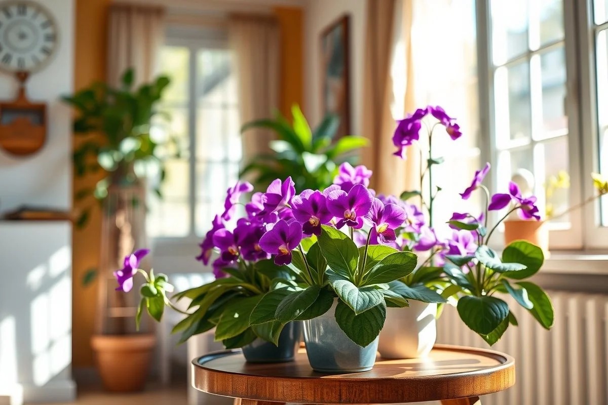 Coleção de Violetas Africanas em diversas cores em um apartamento brasileiro.