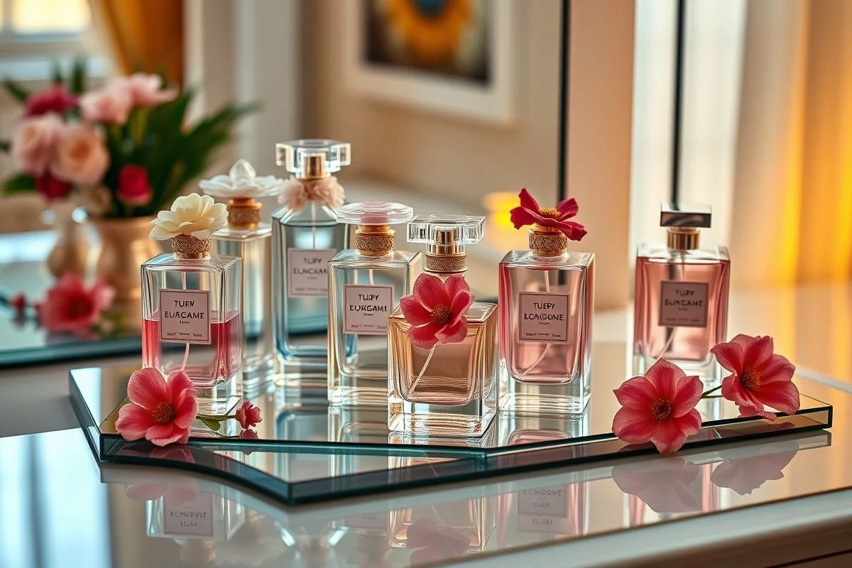 Frascos de perfume floral em penteadeira com reflexos. Elegância e variedade.