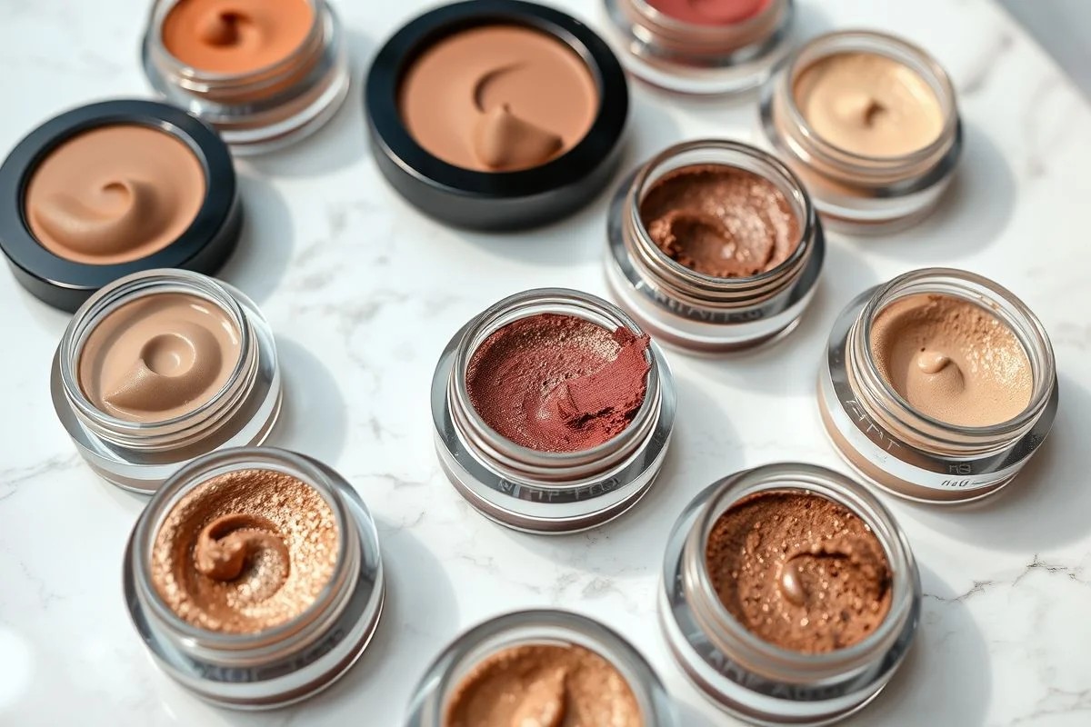Coleção de sombras cremosas em diversas cores em potes sobre mármore branco.