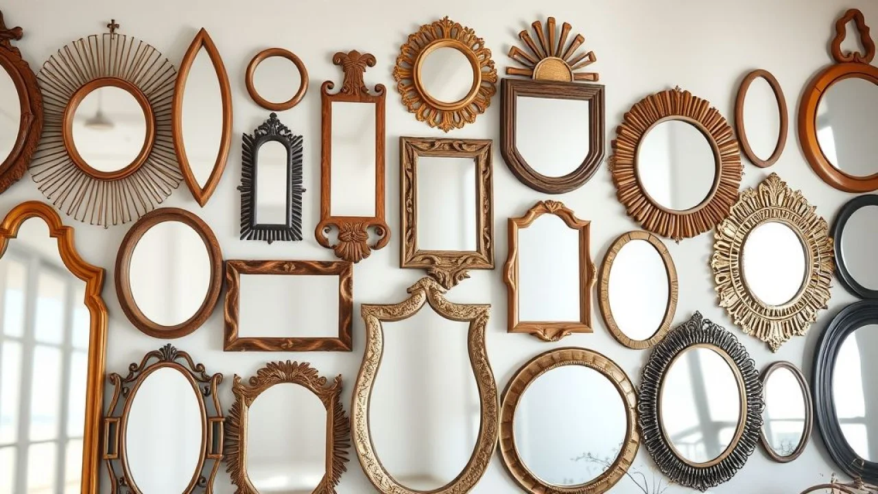 Coleção de espelhos decorativos de diferentes formatos e tamanhos, estilo artesanal brasileiro.