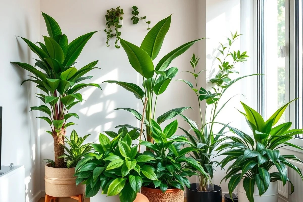 Plantas de baixa manutenção (Espada-de-São-Jorge, Zamioculca, Lírio-da-Paz) em apartamento.