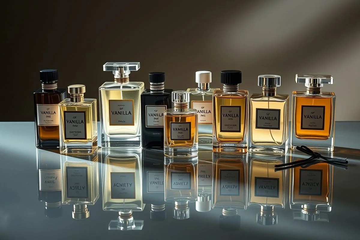 Diversos frascos de perfumes de baunilha de marcas famosas.