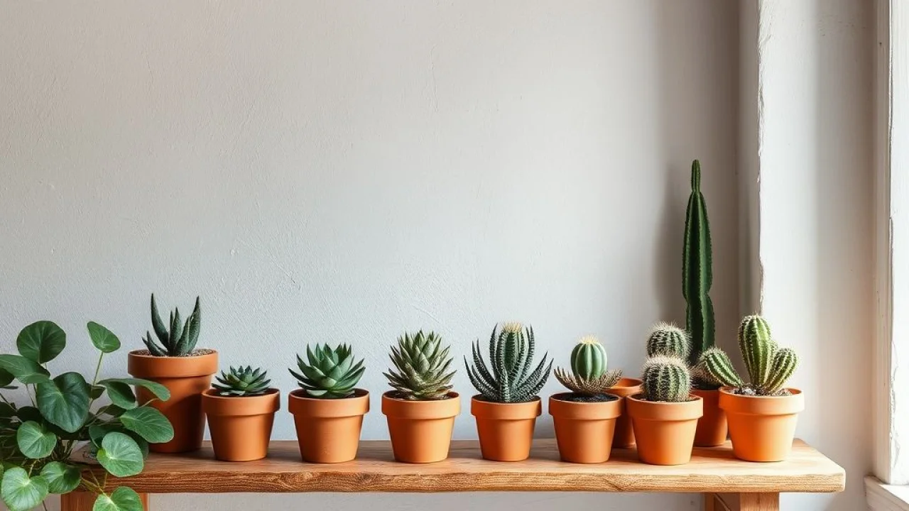 Collection of small terracotta pots with succulents and cacti displayed on a rustic wooden shelf Coleção de pequenos vasos de terracota com suculentas e cactos em prateleira de madeira em casa brasileira.