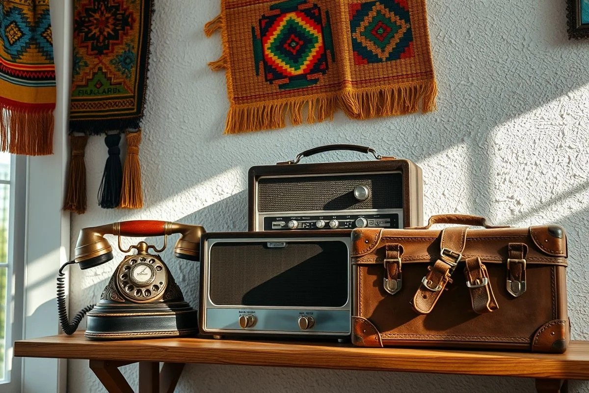 Objetos vintage decorativos em prateleira de sala brasileira