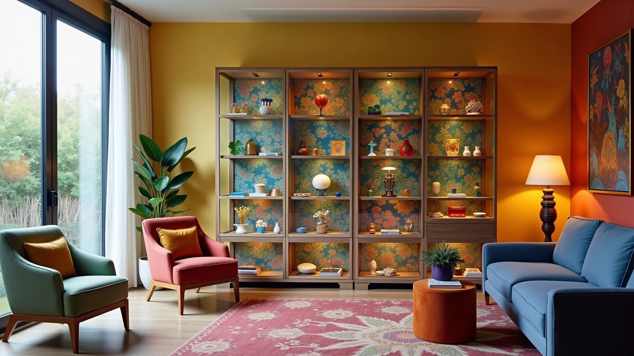 Cristaleira colorida em sala de estar moderna com decoração brasileira vibrante.