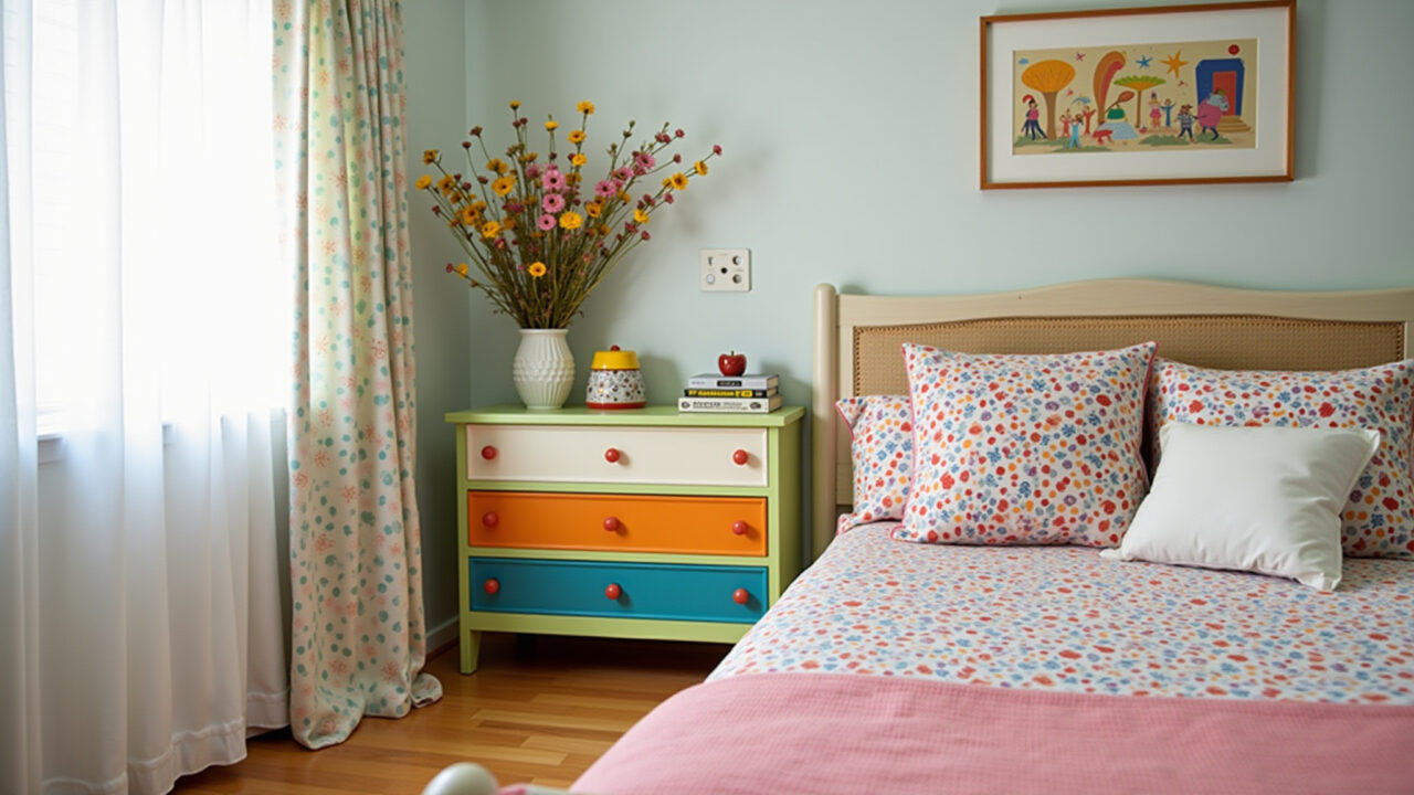 Colorful dresser with vibrant pulls in a playful Brazilian bedroom, professional photography, Cômoda colorida com puxadores vibrantes em quarto brasileiro.