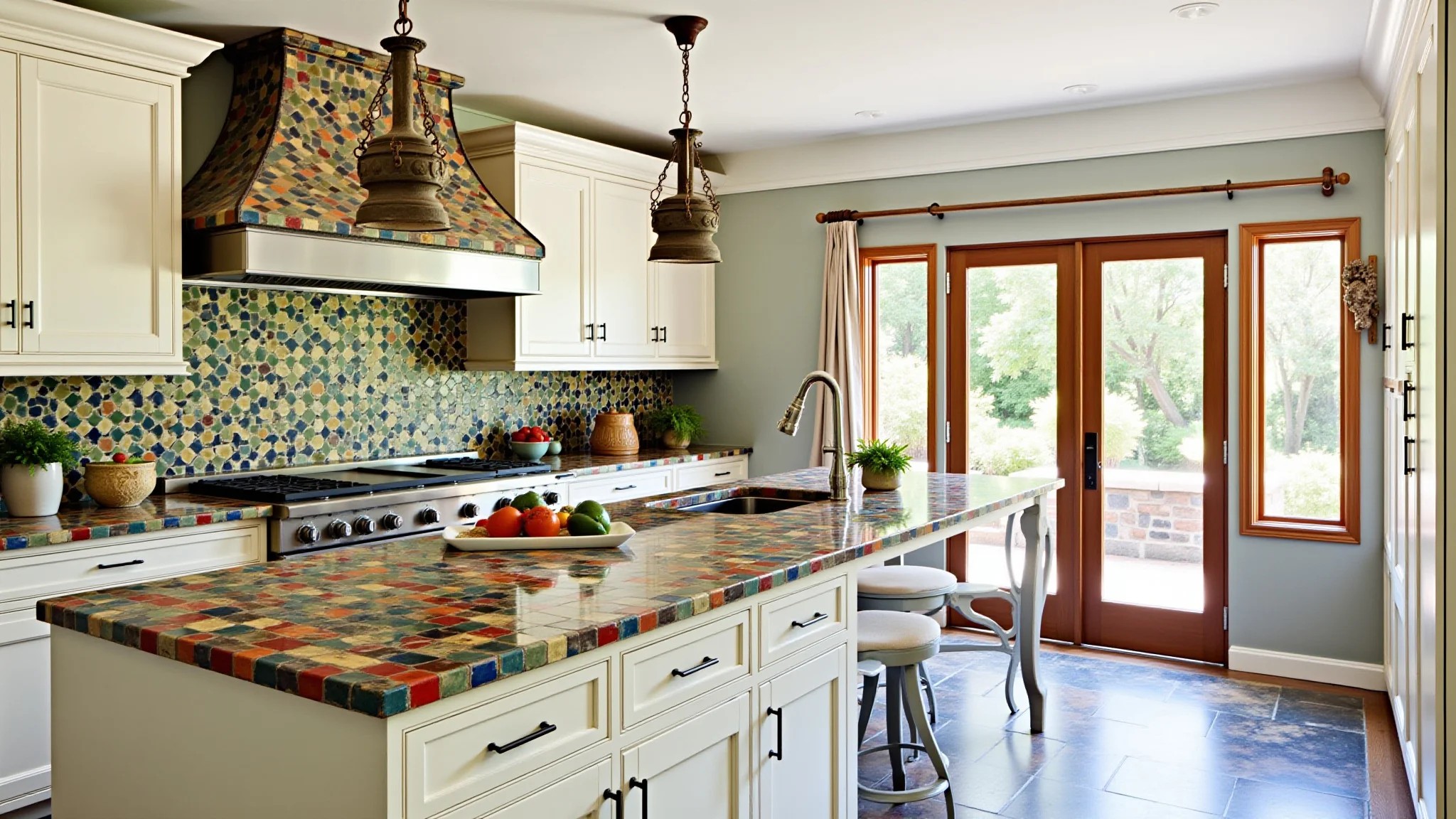 Ilha de cozinha colorida com azulejos vibrantes, cerâmica brasileira e plantas.