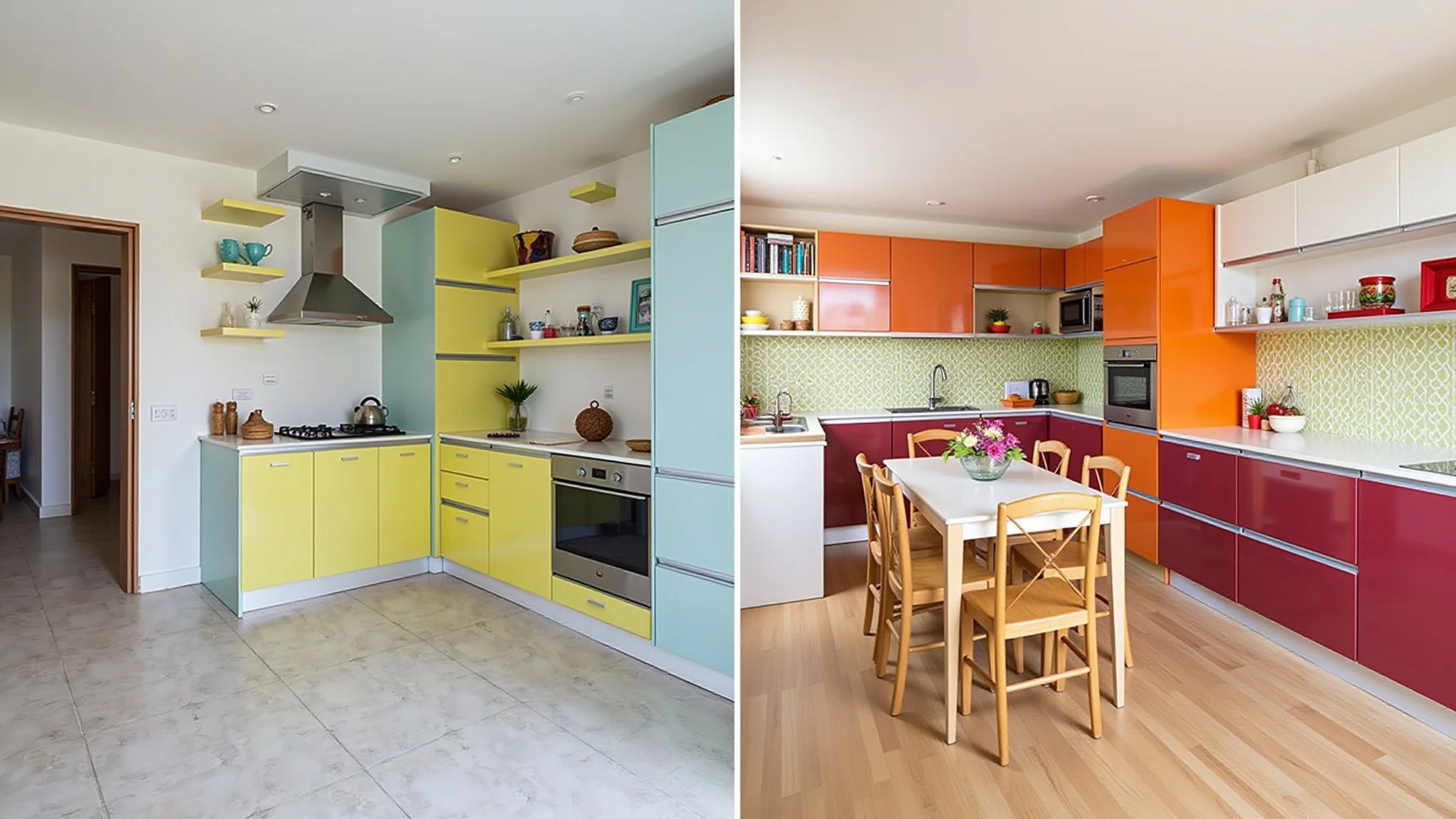 Reforma de cozinha colorida antes e depois com armários vibrantes e design divertido.