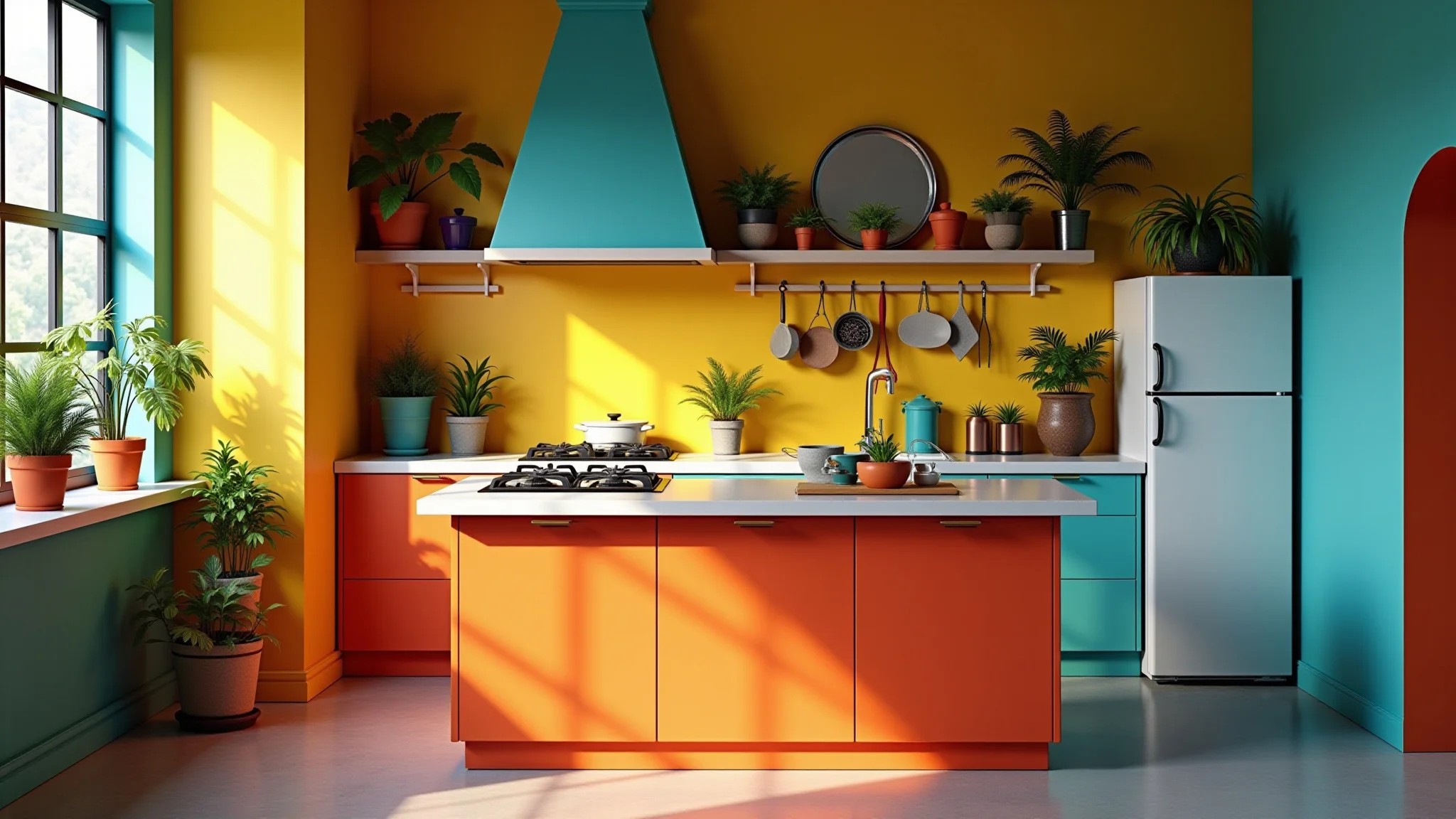 Cozinha colorida com ilha e decoração vibrante brasileira.