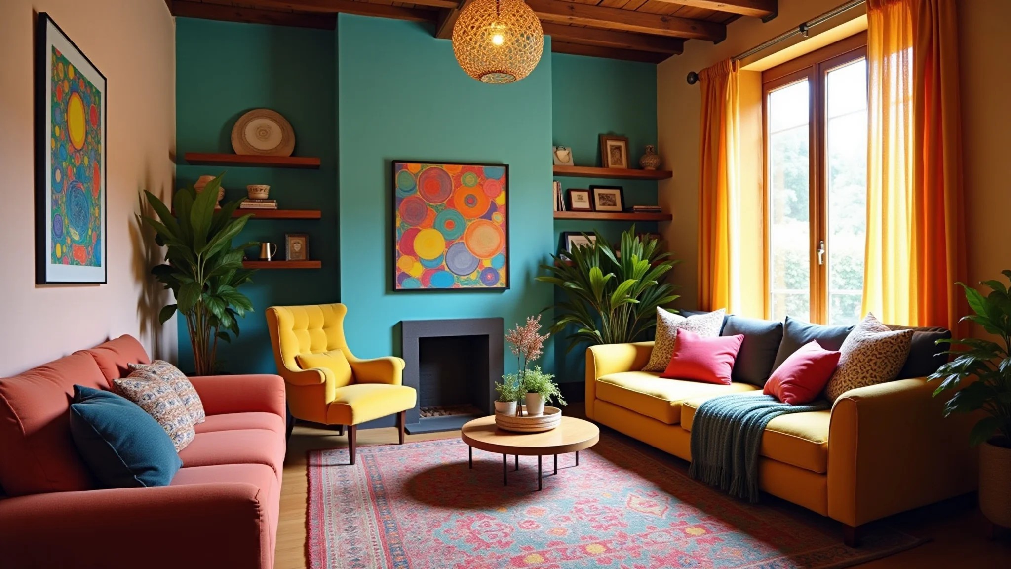 Sala de estar colorida, estilos misturados, design brasileiro e atmosfera eclética e alegre.