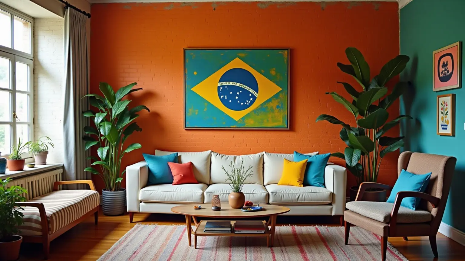 Sala de estar colorida com parede de tijolinho pintada e decoração eclética.