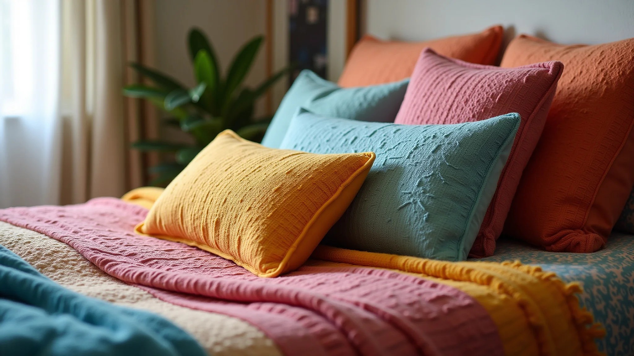 Almofadas e mantas coloridas em cama de quarto Tumblr com decoração brasileira.