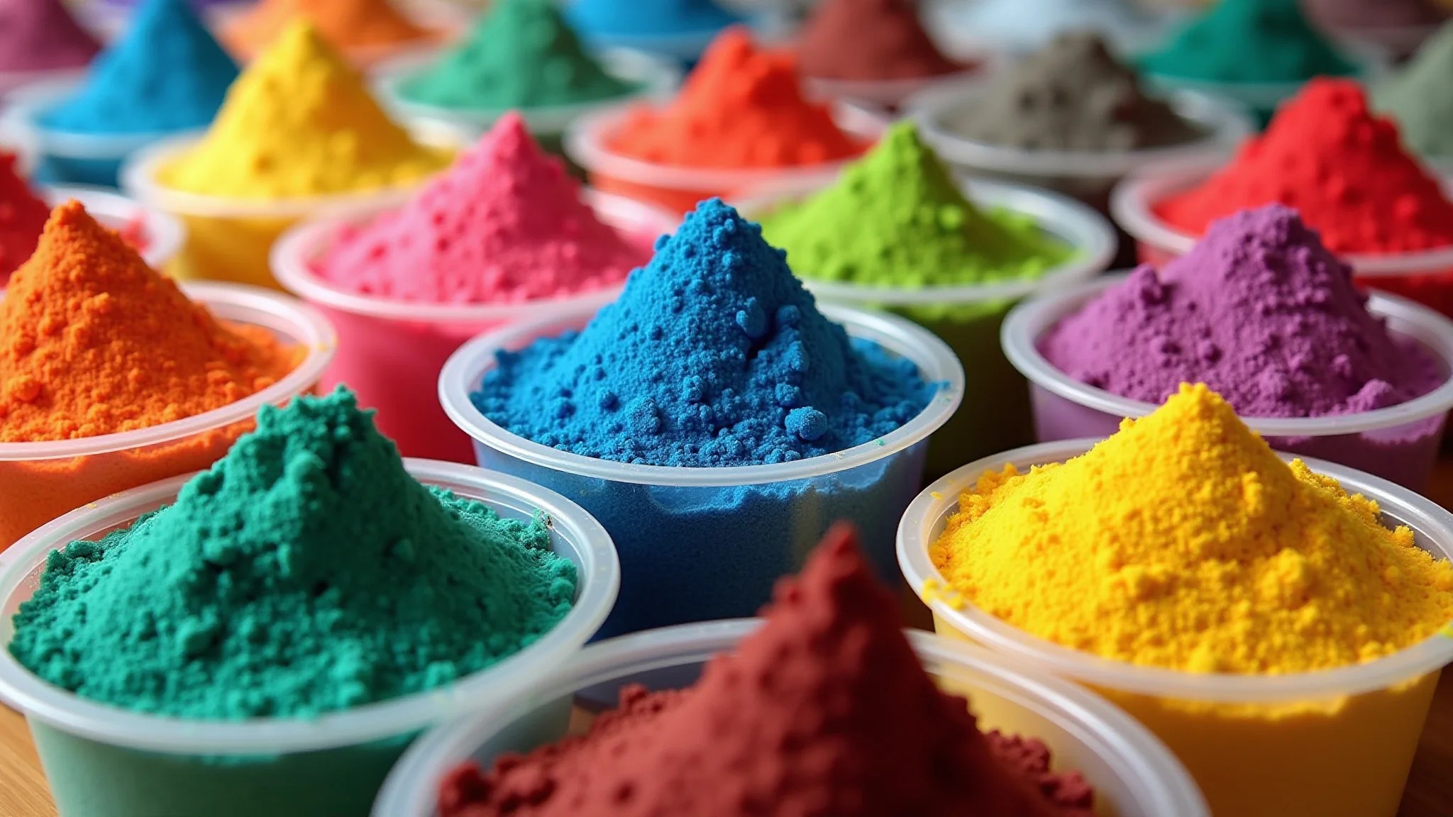 Coleção de areias coloridas em diferentes recipientes, alta resolução.