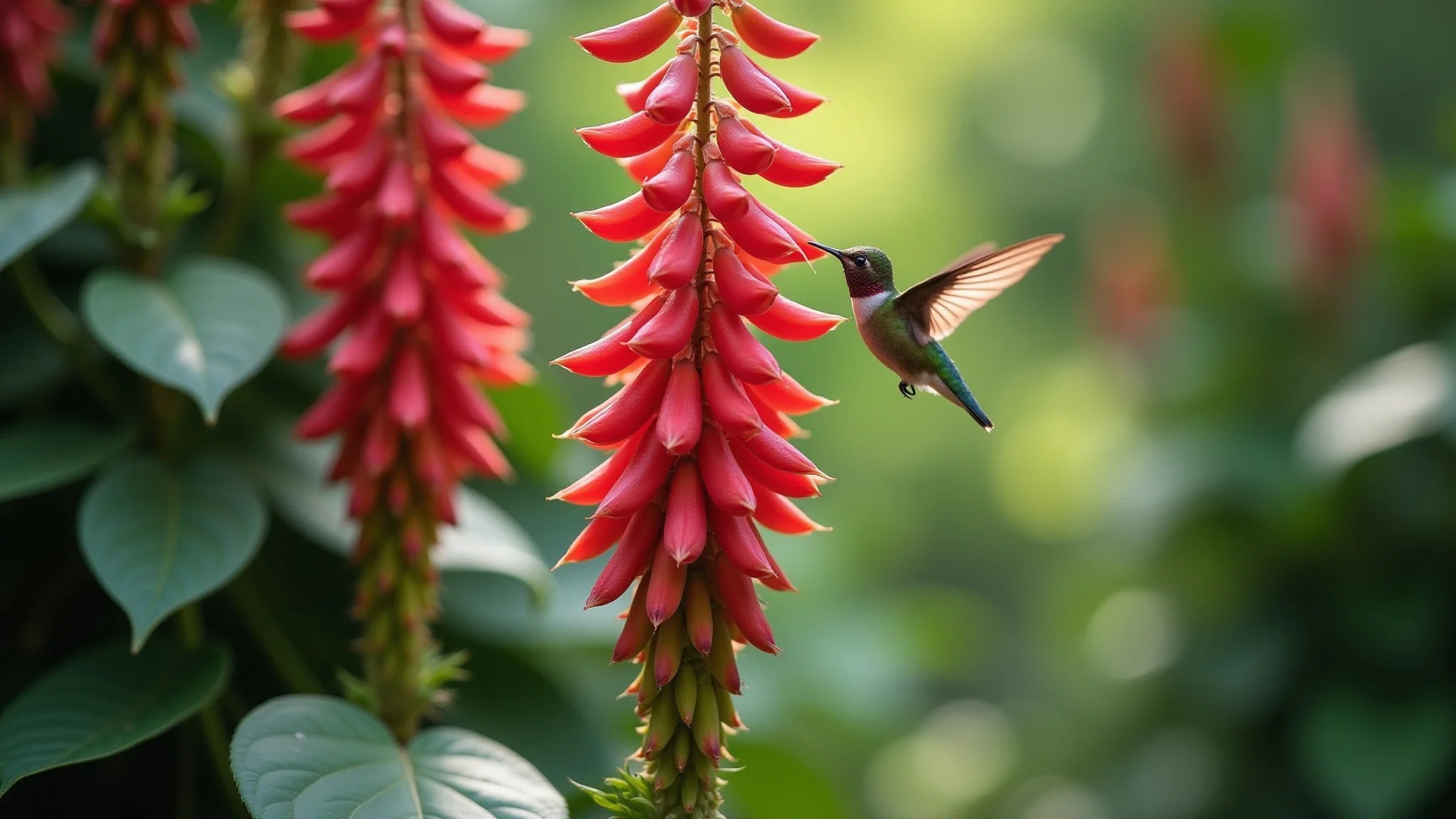 Columeia batom em jardim vertical atraindo beija-flor com suas flores.