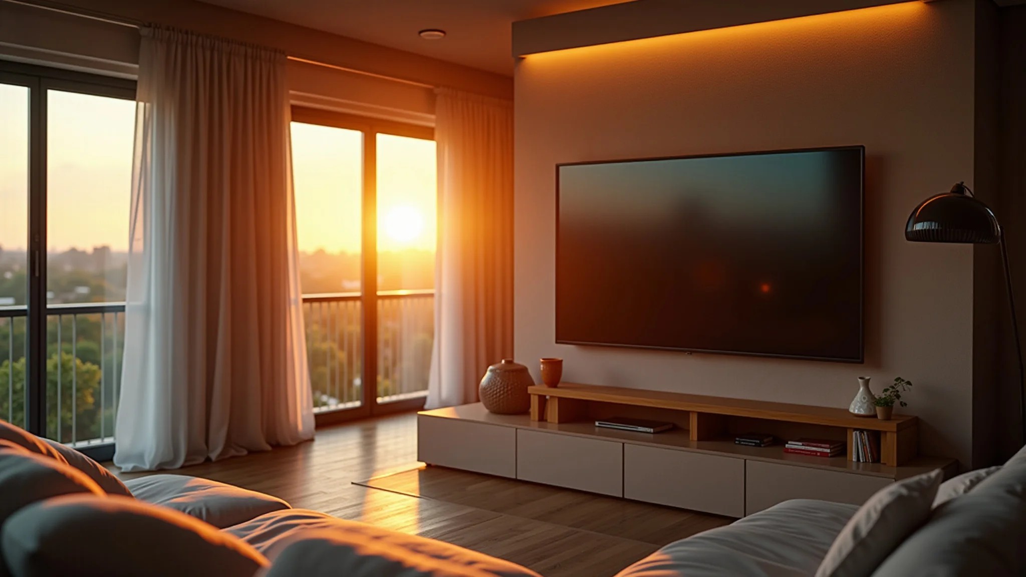 Sala confortável com TV em painel estiloso, iluminação quente, estilo brasileiro.