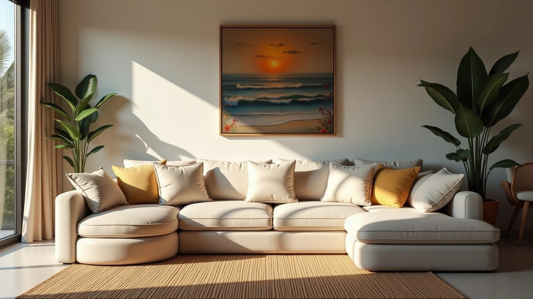Sofá modular confortável com estofado de linho e arte brasileira na parede.