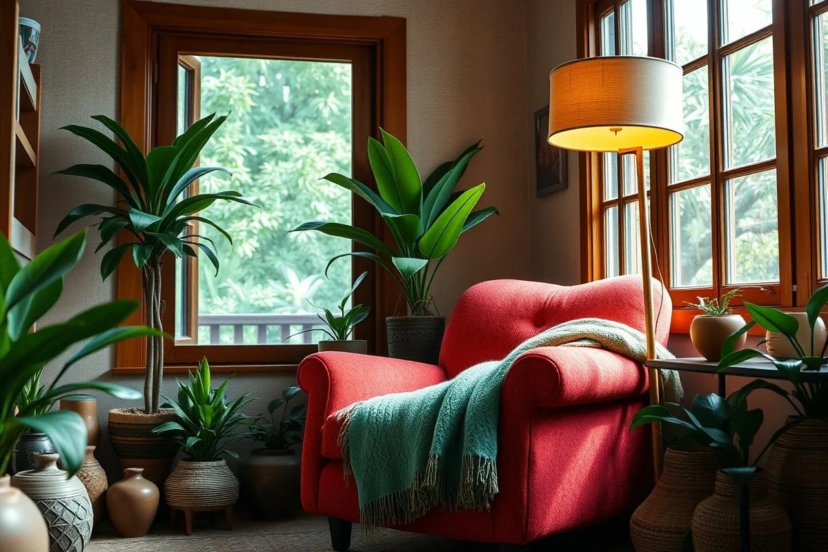 Canto de leitura aconchegante com poltrona, manta e plantas.