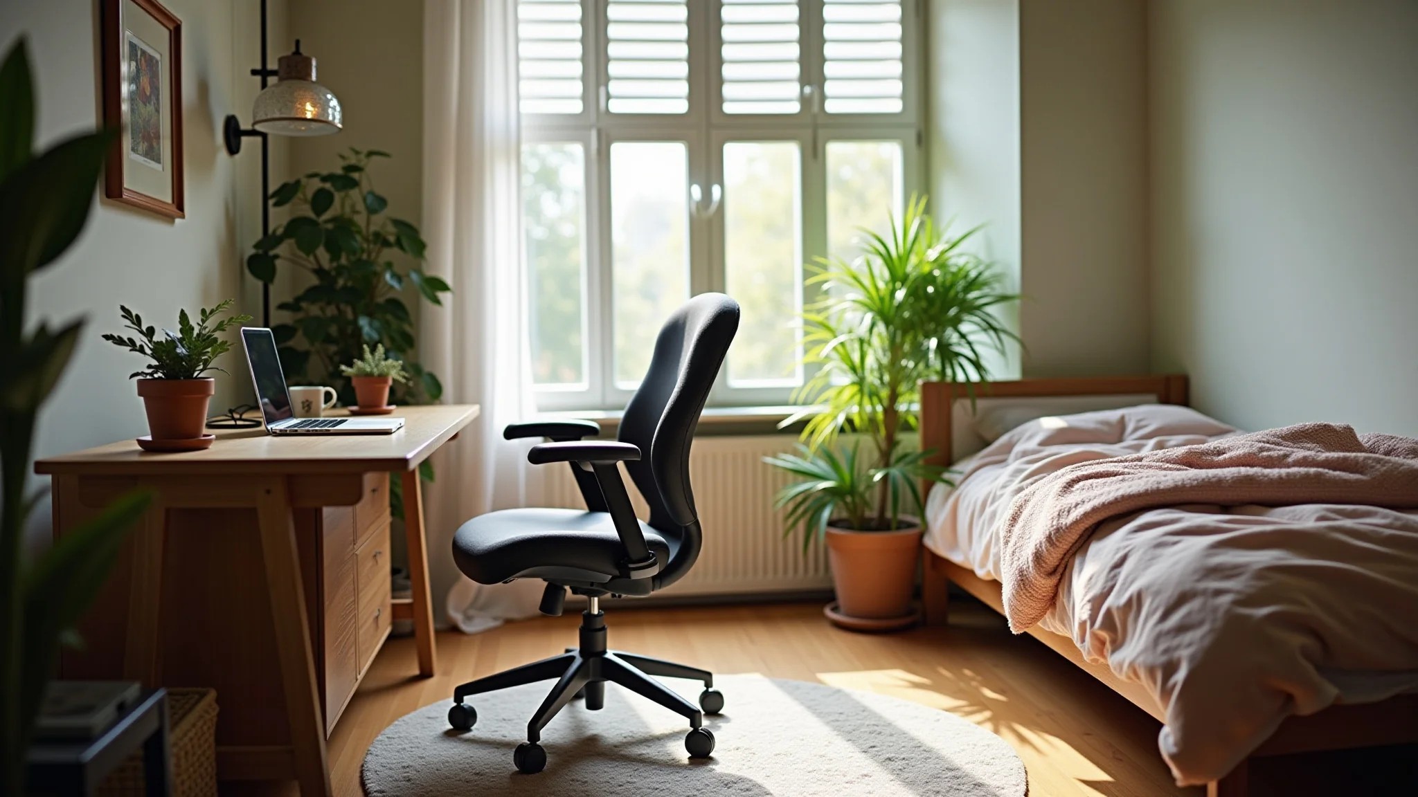 Área de estudo confortável com cadeira ergonômica, iluminação suave e plantas.