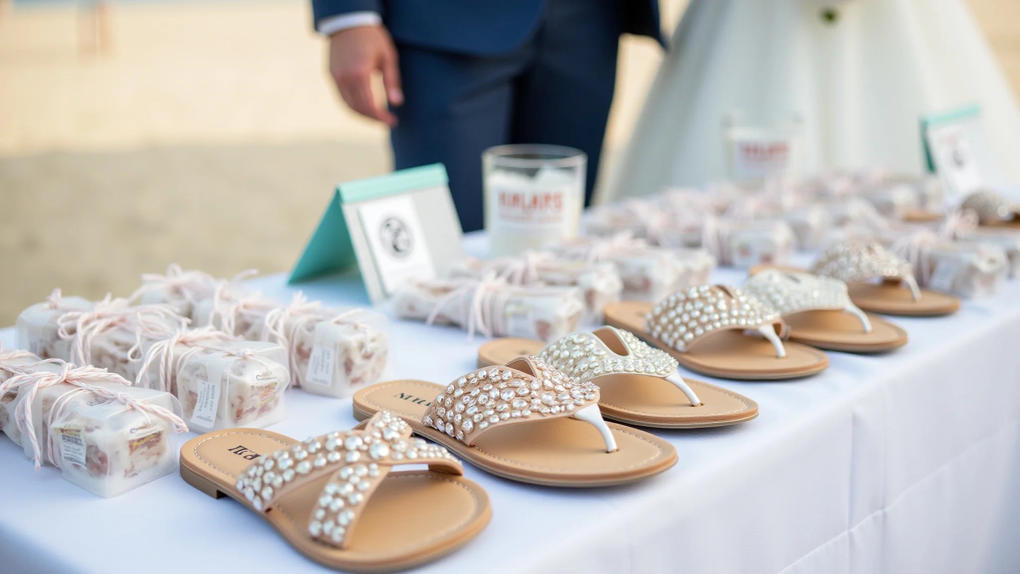 Sandálias de casamento confortáveis em mesa com lembrancinhas, casamento na praia.