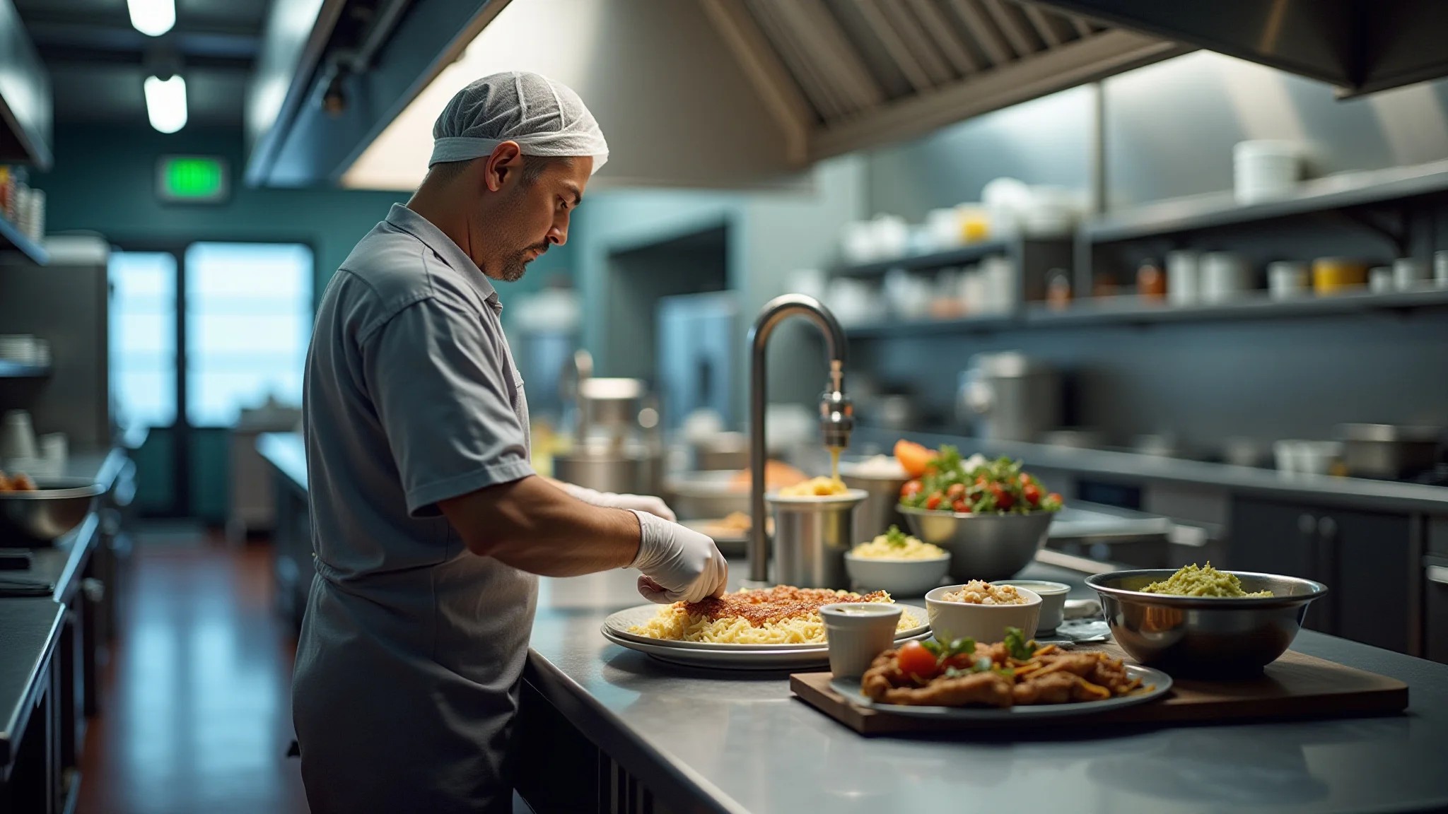 Cozinha industrial com equipamentos de aço inoxidável, restaurante brasileiro.