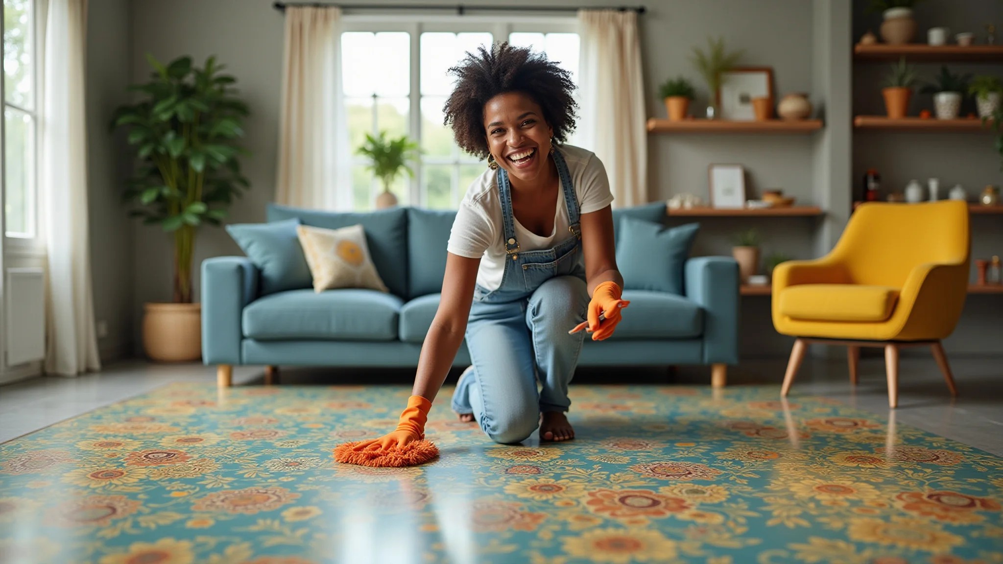 Mulher sorrindo enquanto limpa um piso epóxi colorido em sua sala de estar com decoração brasileira.