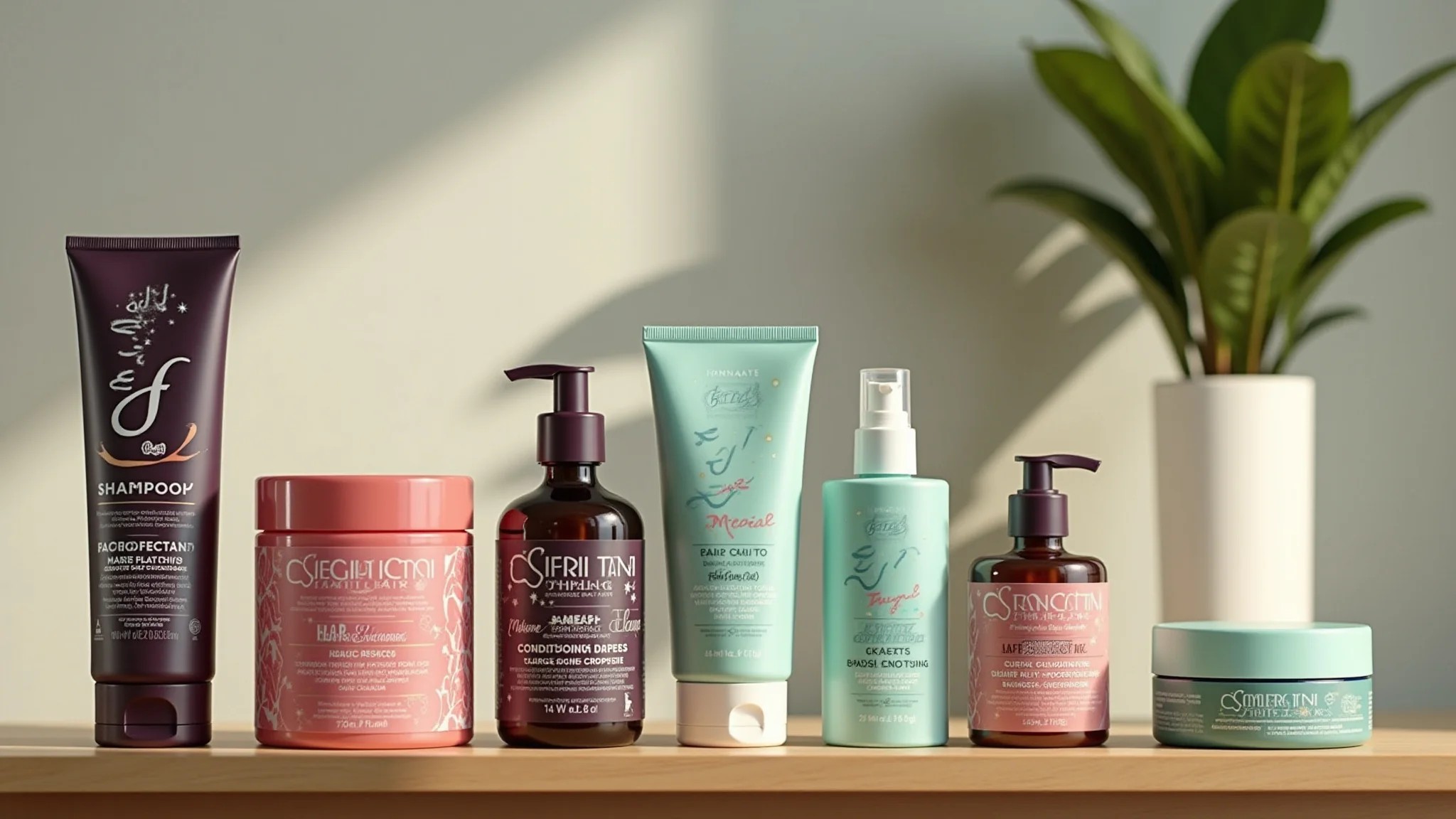 Produtos para cabelos cacheados (shampoo, condicionador, máscara) em prateleira de madeira.