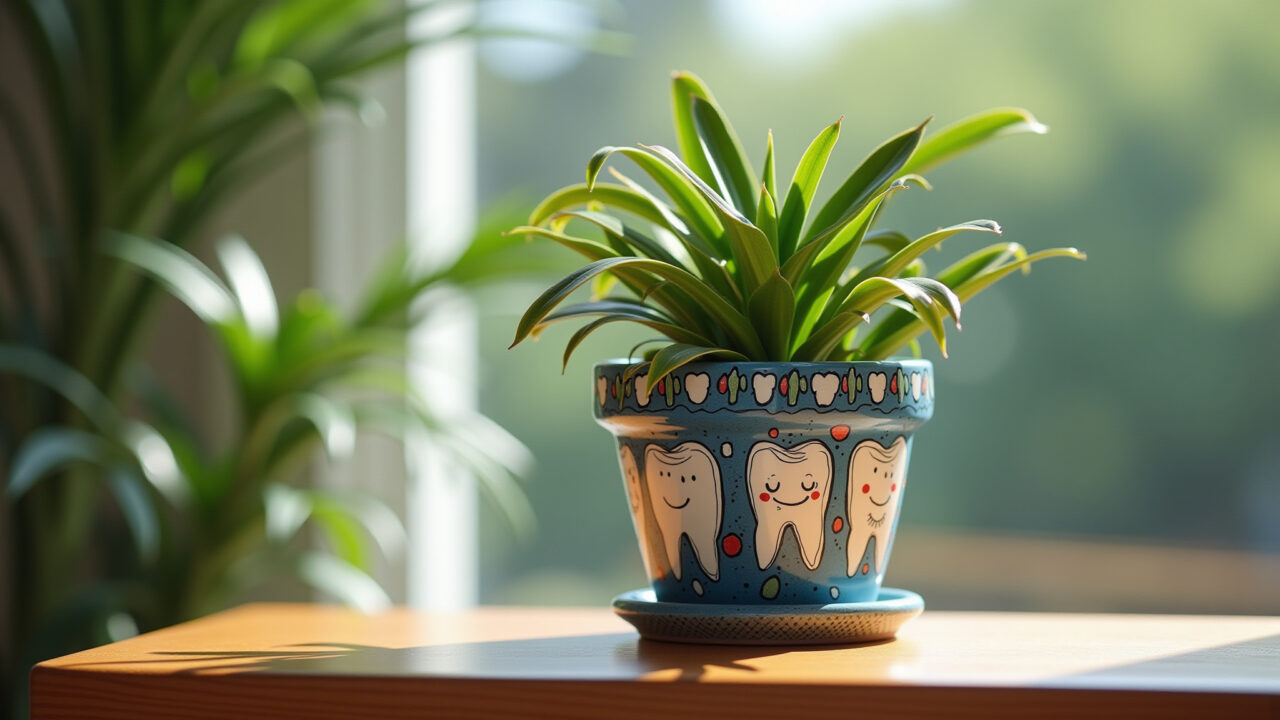 Vaso de plantas decorado com motivos odontológicos.