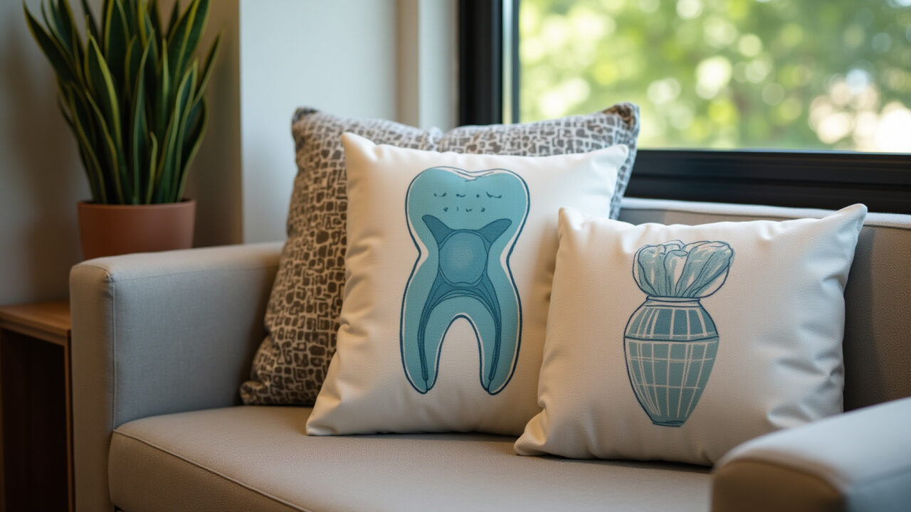 Almofadas decorativas com estampas odontológicas em consultório.