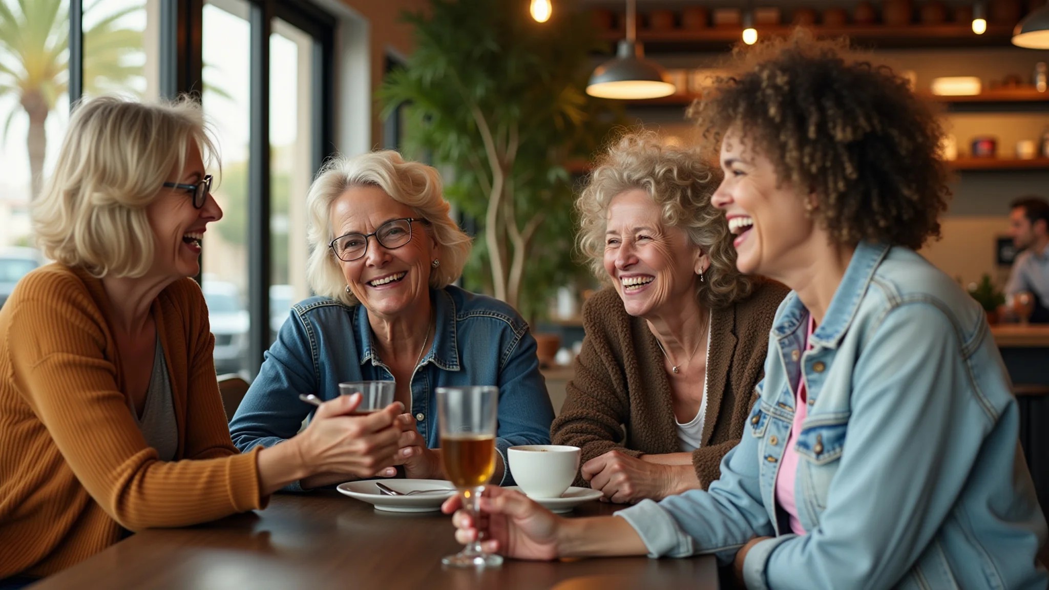 Grupo diverso de mulheres brasileiras maduras rindo e conversando usando looks diferentes com mom jeans em café moderno.