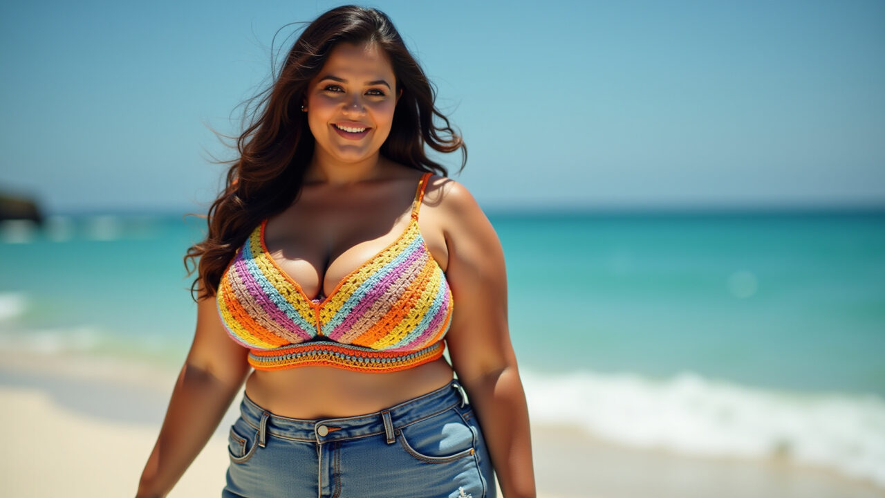 Mulher plus size com cropped de crochê colorido e shorts jeans na praia.