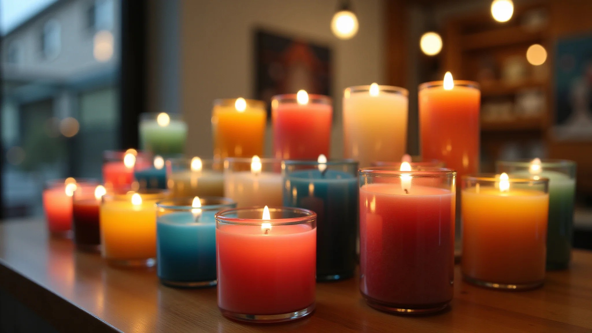 Velas aromáticas artesanais coloridas em mesa de madeira, estilo brasileiro.