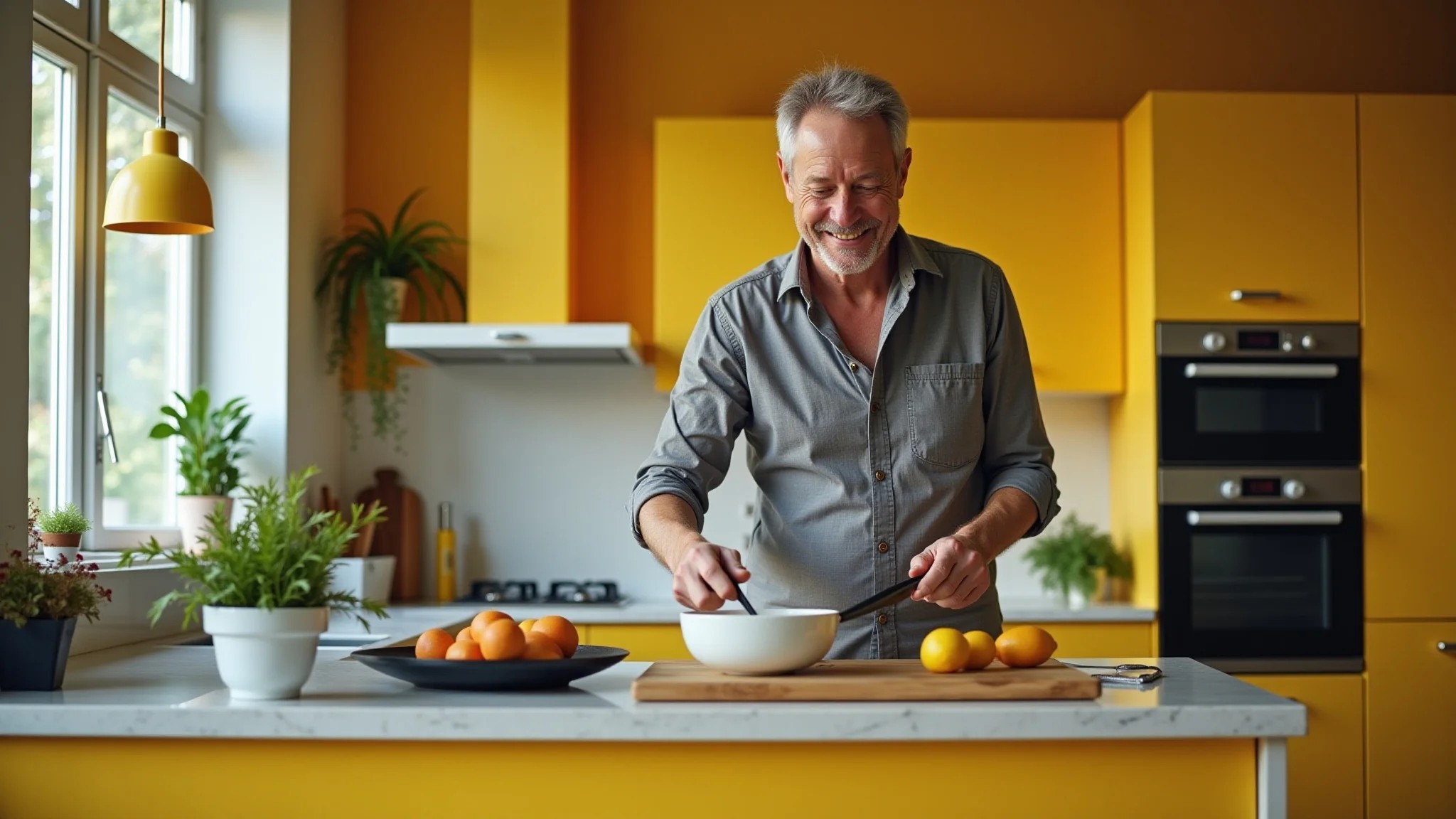 Cozinha vibrante com detalhes amarelos, homem cozinhando.