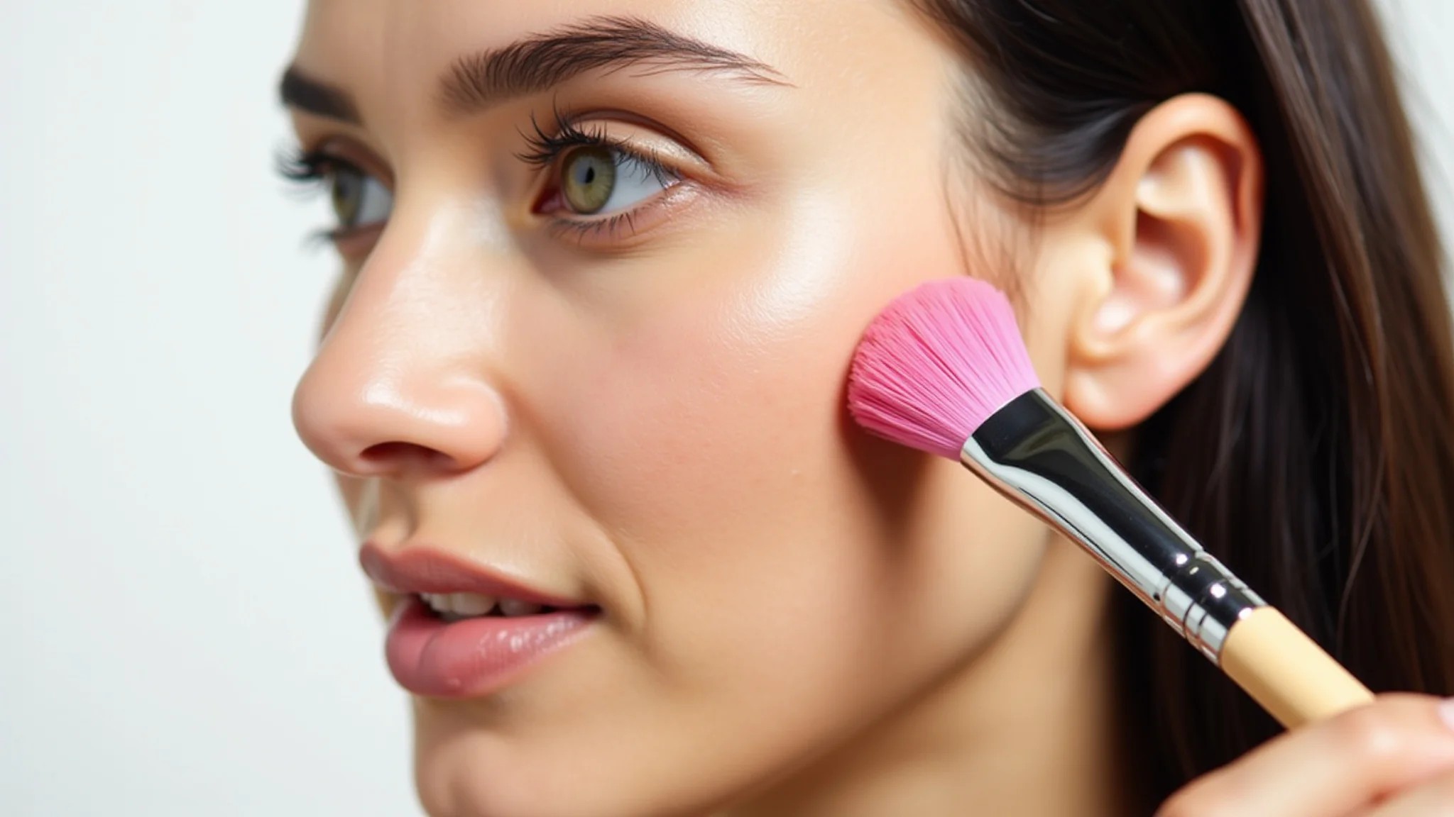 Pincel de blush angular com cerdas sintéticas aplicando blush em pele clara.