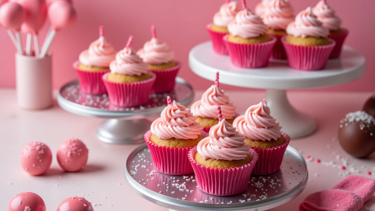 Mesa de doces temática da Barbie com cupcakes rosa, pirulitos e brigadeiros.