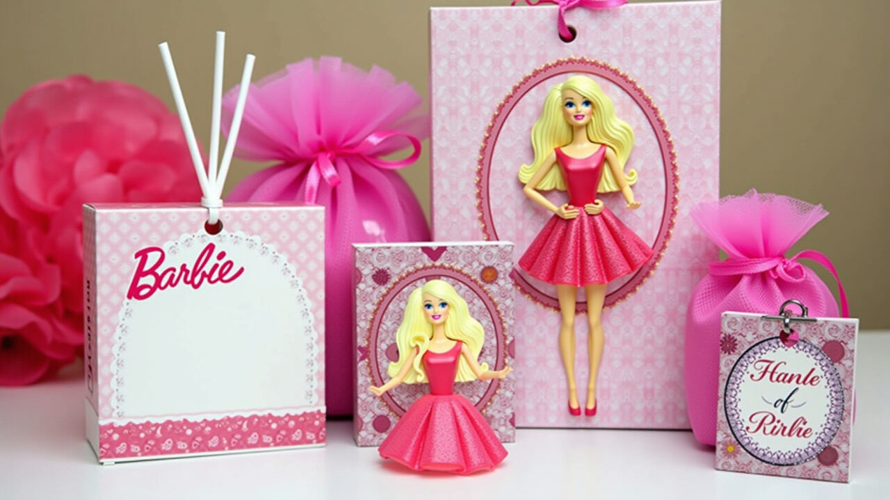 Lembrancinhas personalizadas para festa da Barbie, como miniaturas e chaveiros.