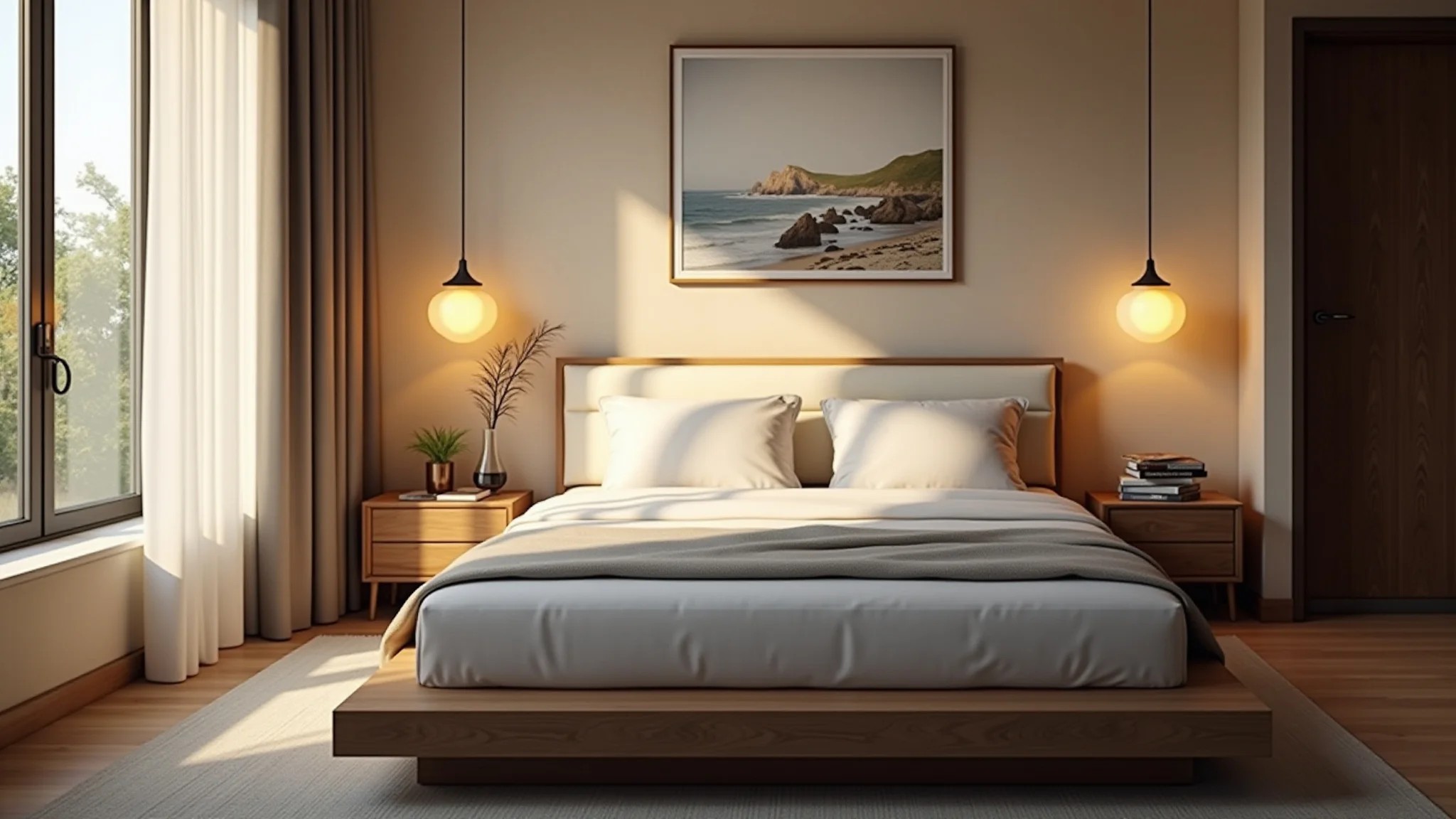 Quarto de casal com luz natural, luminárias pendentes e decoração minimalista.