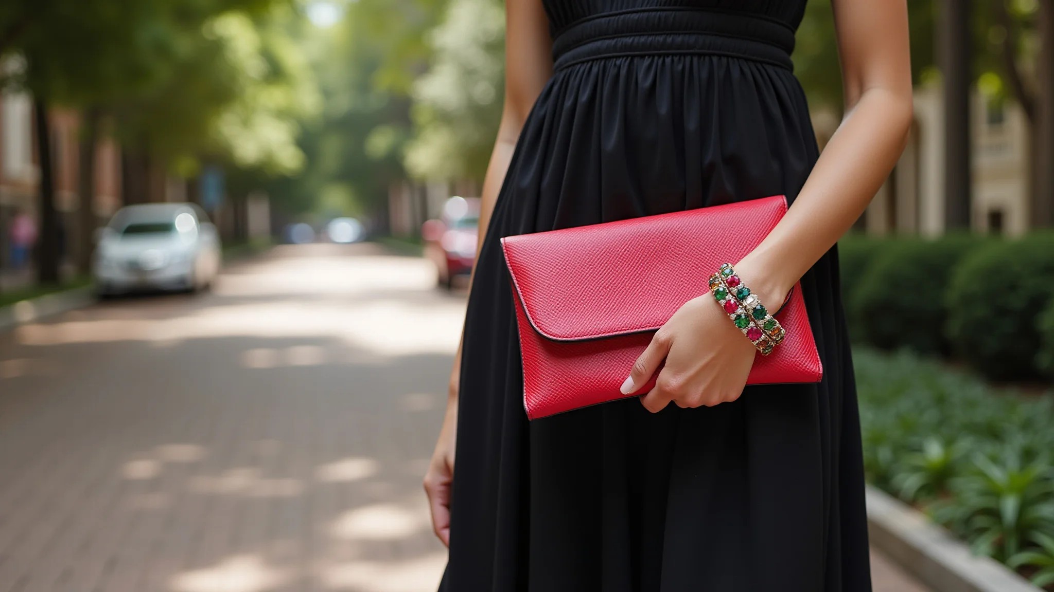 Vestido preto combinado com clutch e sapatos vibrantes, joias brasileiras.