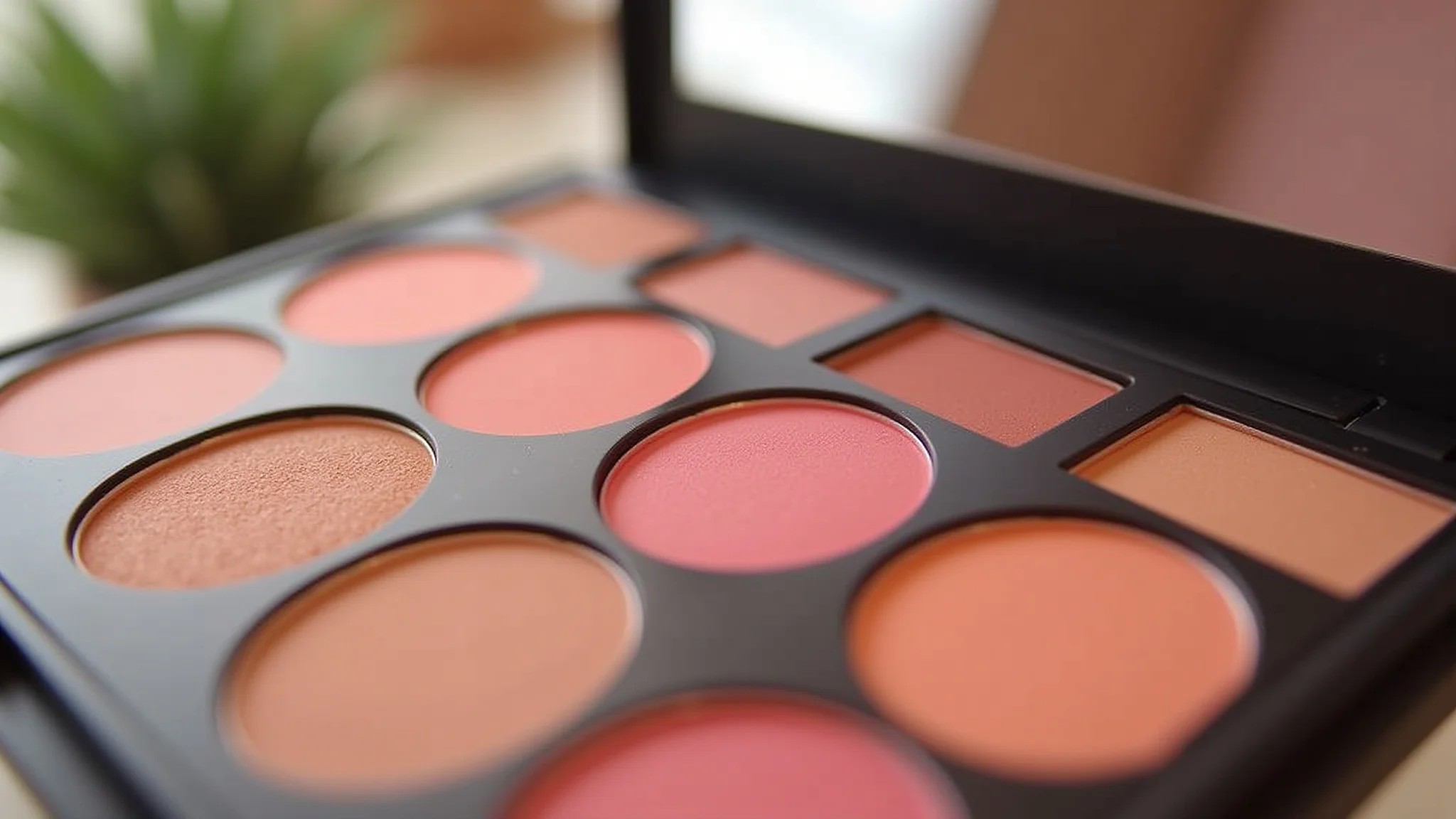 Paleta de blush com diversos tons para diferentes tons de pele, close-up, foco nítido.