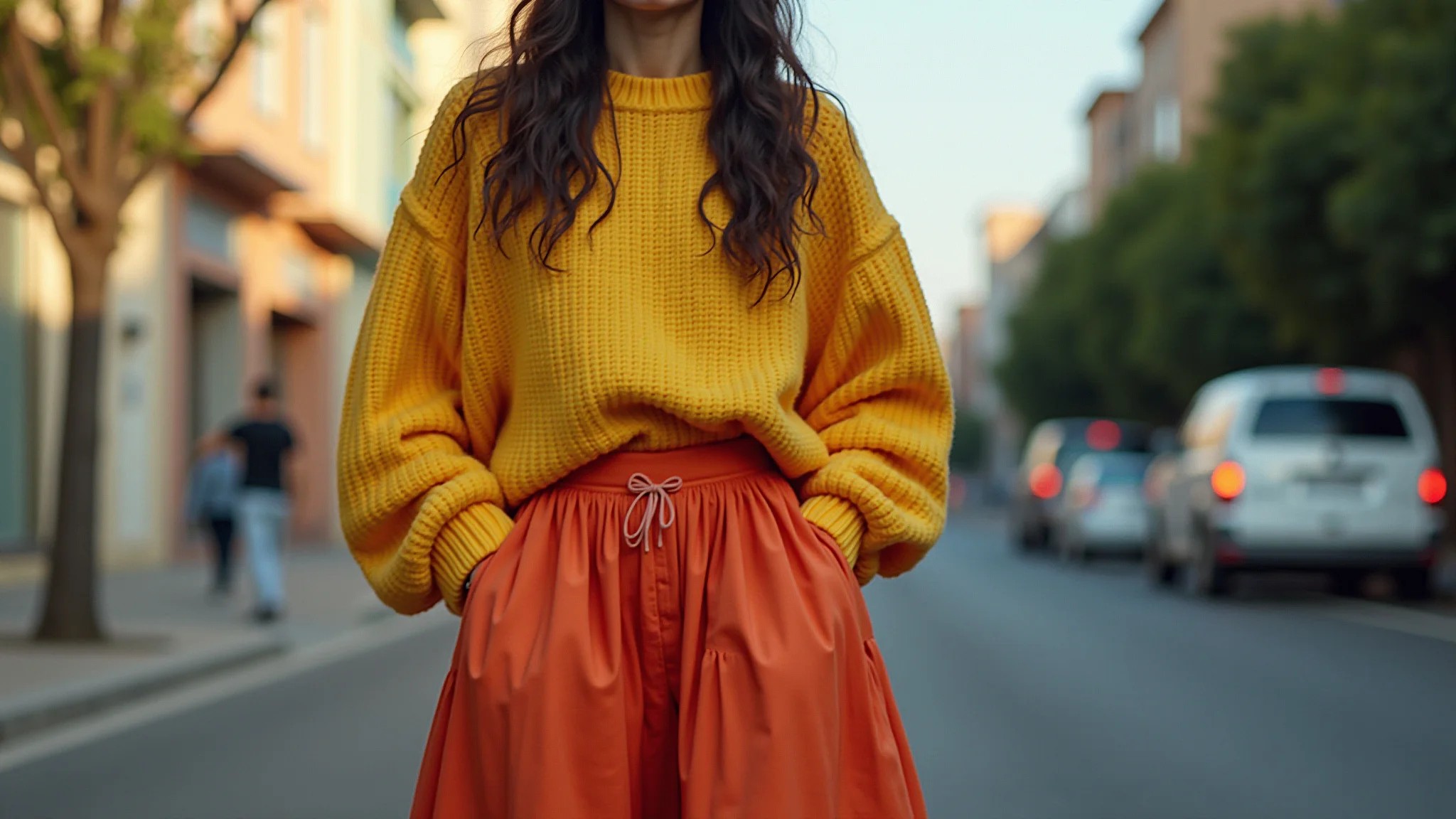 Mulher brasileira com saia balonê e suéter oversized, estilo anos 80.