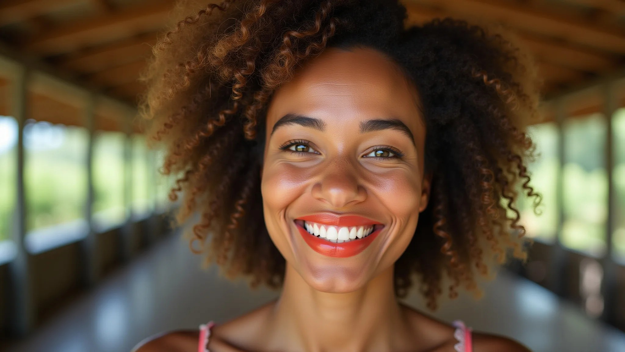Mulher brasileira com batom laranja coral, alegre e vibrante, luz natural.