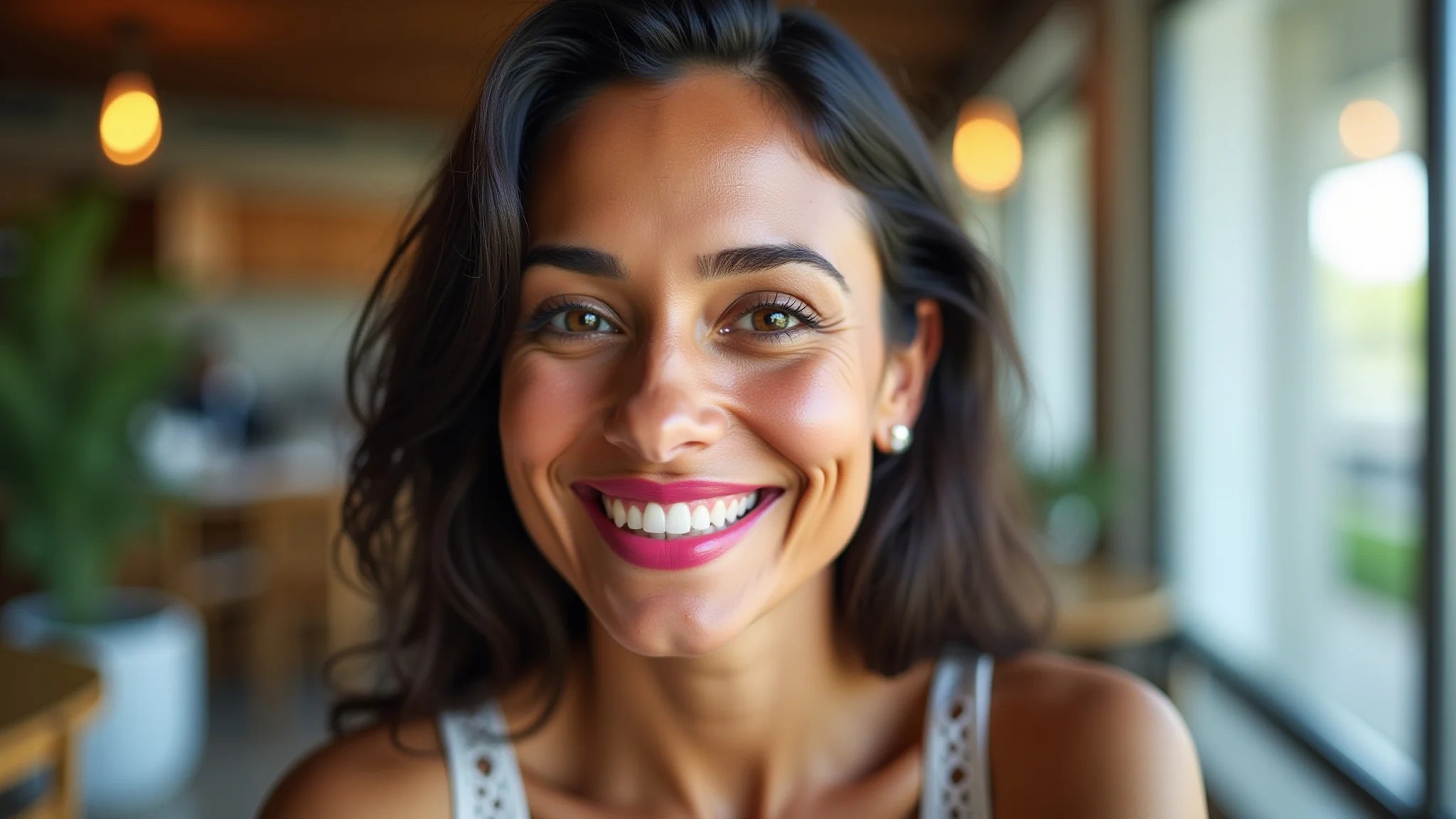 Mulher brasileira sorrindo com batom rosa vibrante, pele morena iluminada.