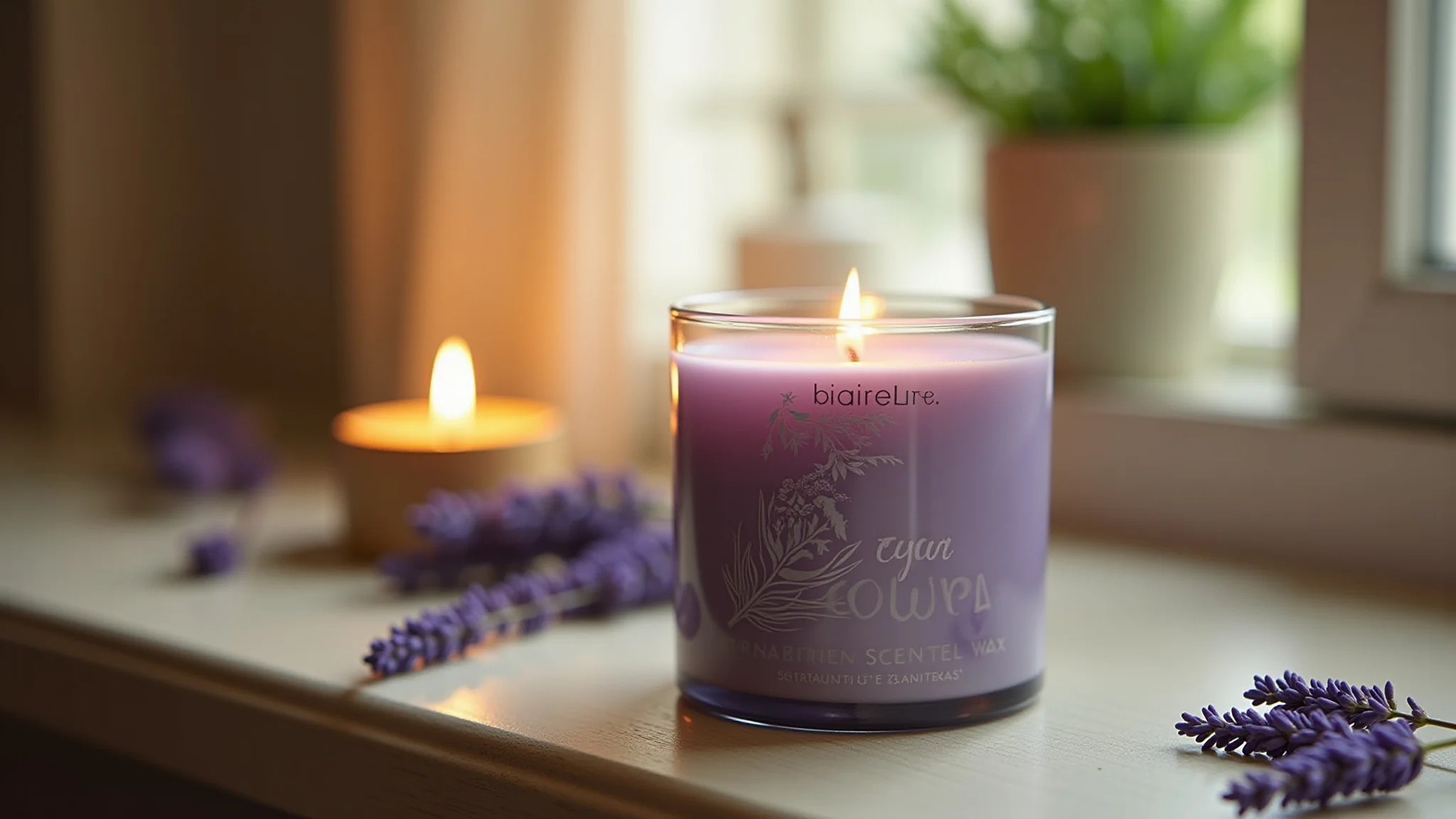 Close-up de vela de lavanda com cera natural e design brasileiro.