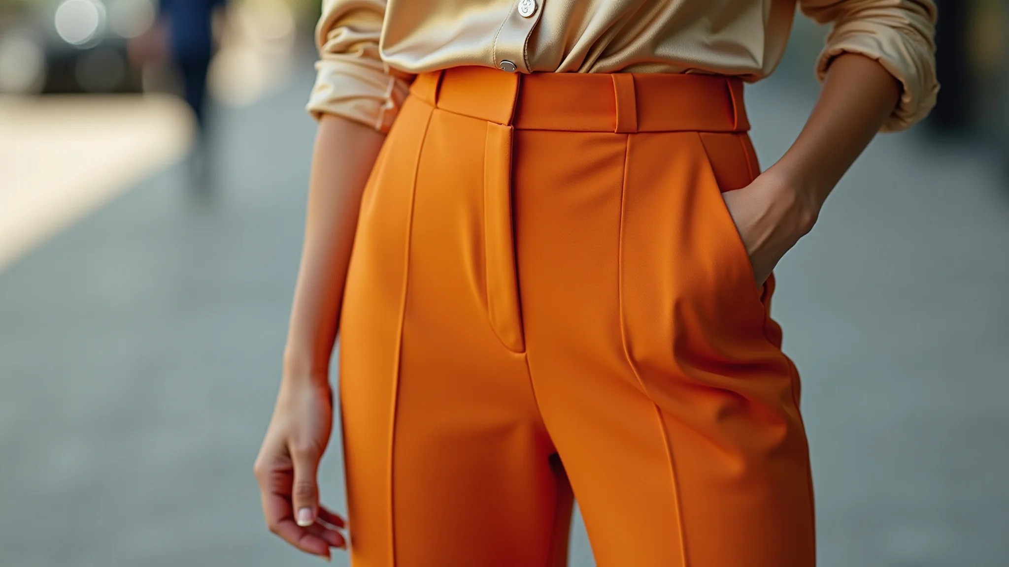 Detalhe de calça de alfaiataria moderna de cintura alta com blusa de seda e tênis.